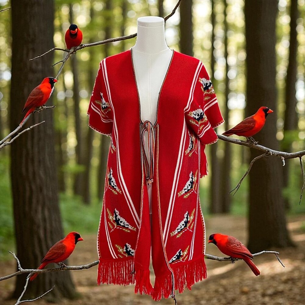 Red Boho Fringe Bird Knit‎ Cardigan Sweater Jacket Cottagecore Festival Hippie